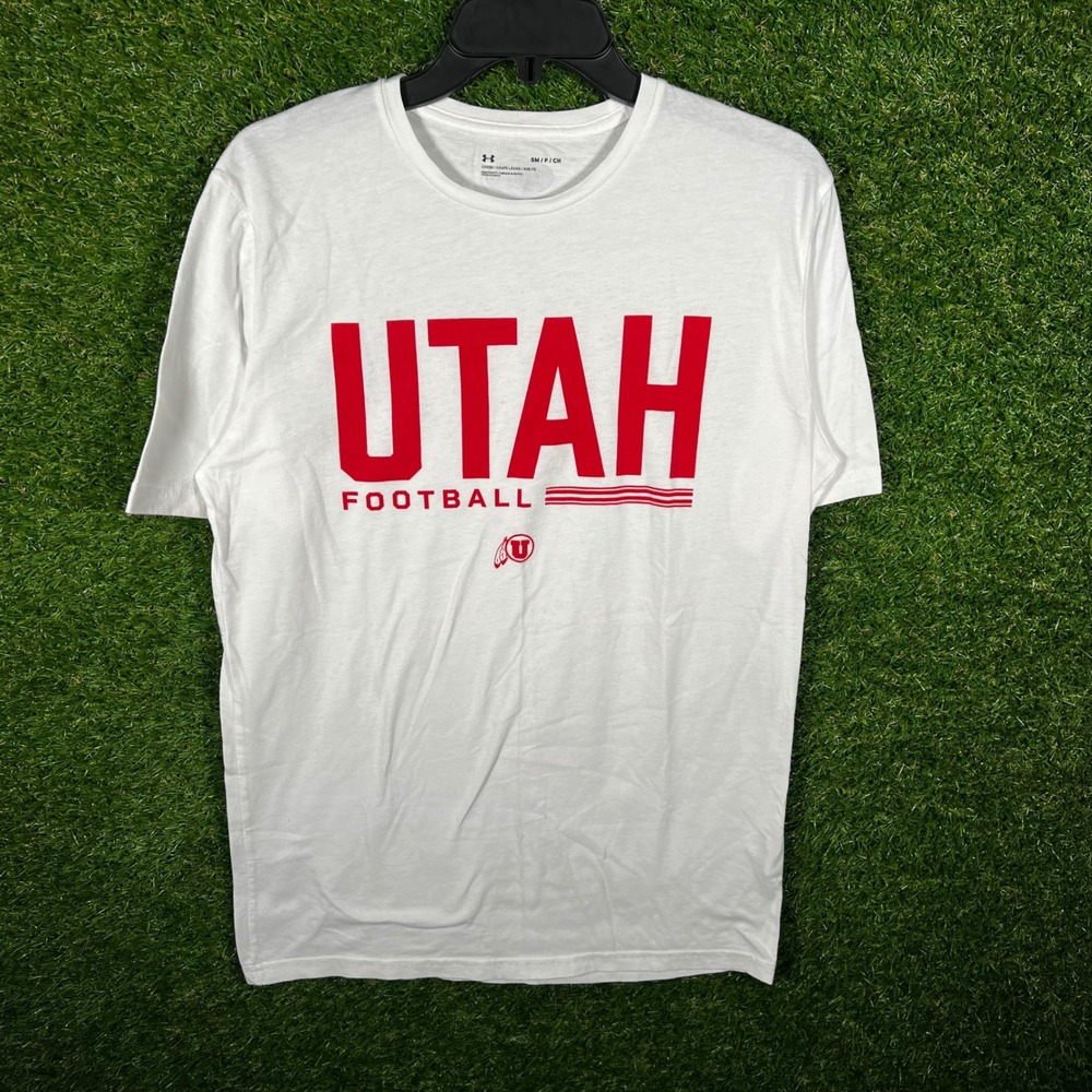 Under Armour Utah Football T Shirt Mens Small White Red‎ Utes NCAA Graphic Tee